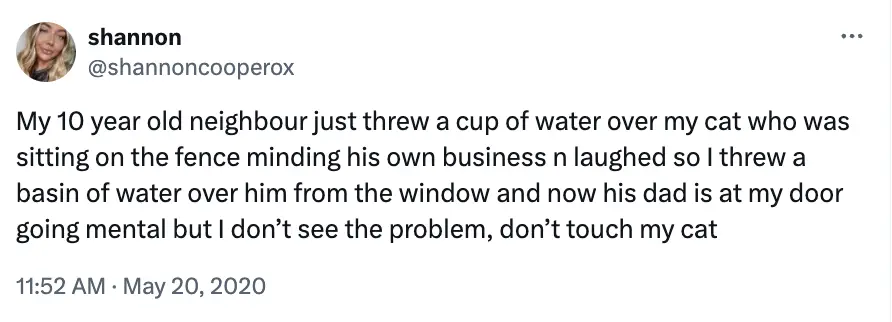Shannon Cooper has gone viral after sharing the unusual punishment she inflicted on a neighbour’s son for pouring water on her pet cat.