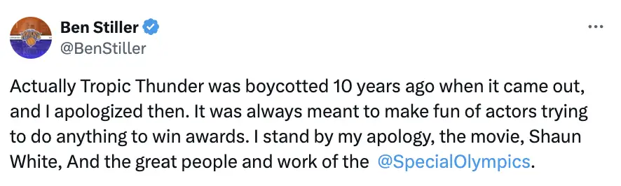 Ben Stiller has defended Tropic Thunder on X (formerly Twitter).