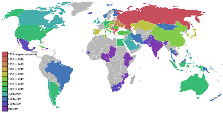 The Cigarettes Smoked Per Person According To Different Countries' Statistics