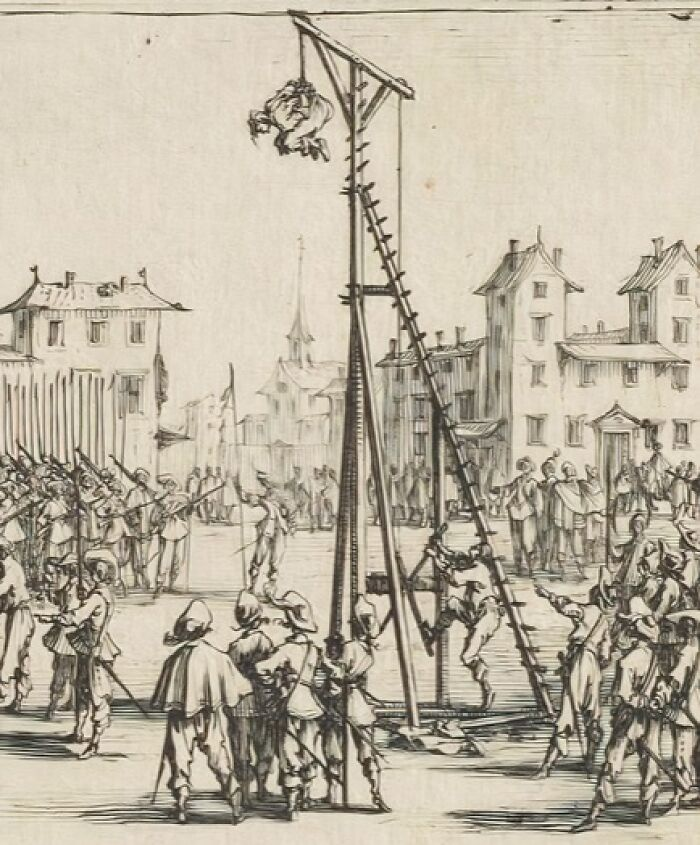 Black and white sketch depicting a medieval public e*******n using t*****e methods and devices in a town square.