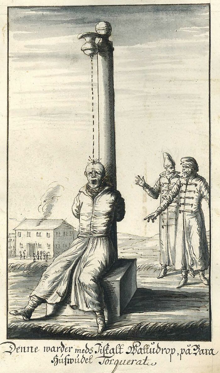 Medieval t*****e method depicting a victim tied to a post with a device dripping liquid onto the head causing distress.