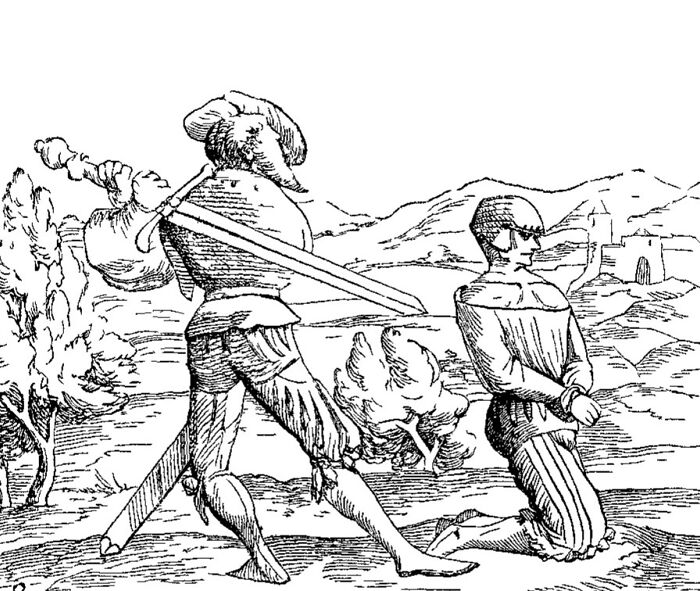 Medieval t*****e methods illustration showing a bound kneeling prisoner and a soldier holding large sharp devices.
