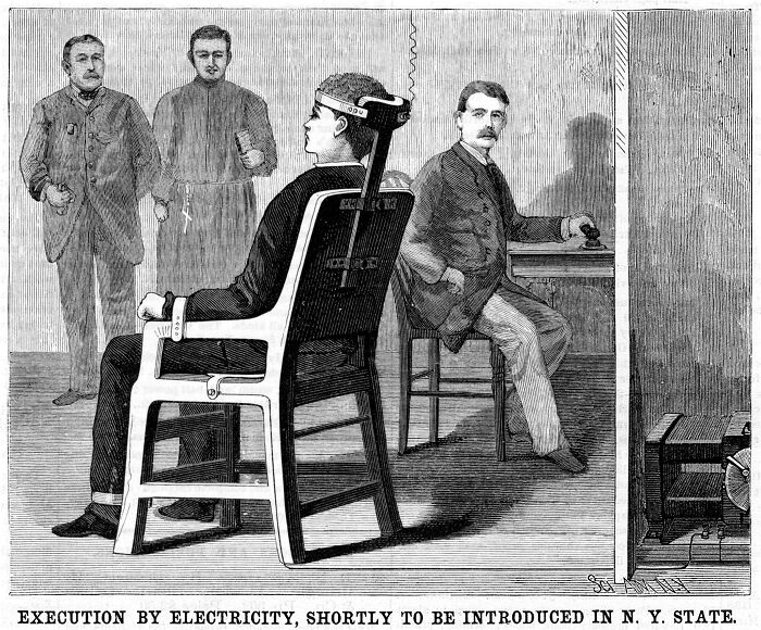 Illustration of a medieval t*****e device depicting e*******n by electricity with a man strapped in a chair and observers nearby.