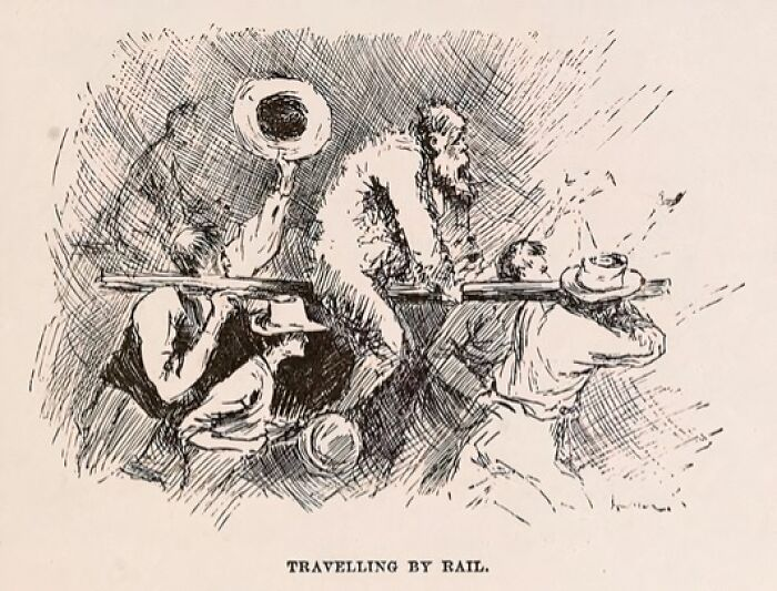 Medieval history illustration showing a man being carried on a rail by four men, a shocking t*****e method and device.